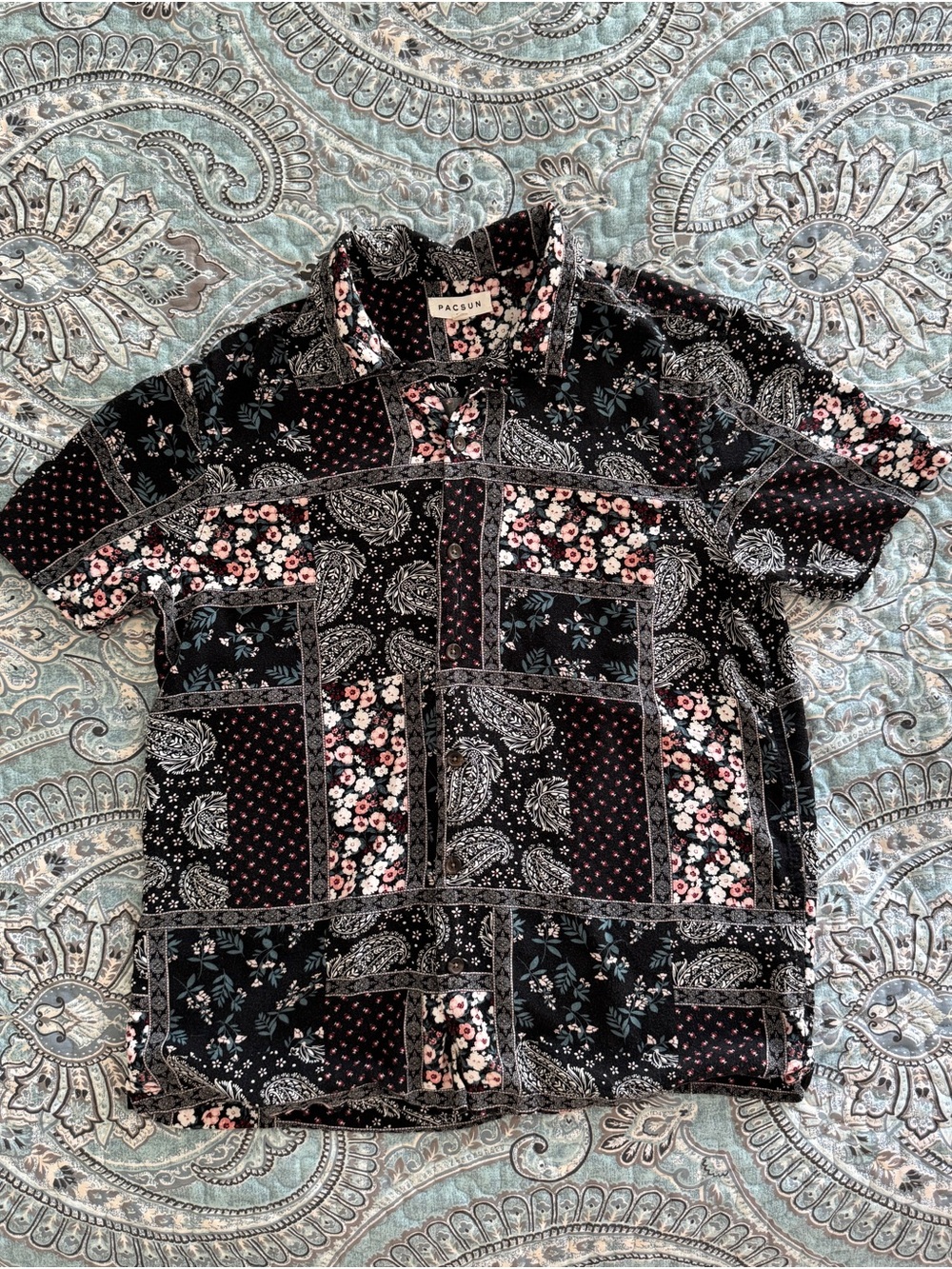 PacSun Black Patchwork Floral Short-Sleeve Button-Up Shirt